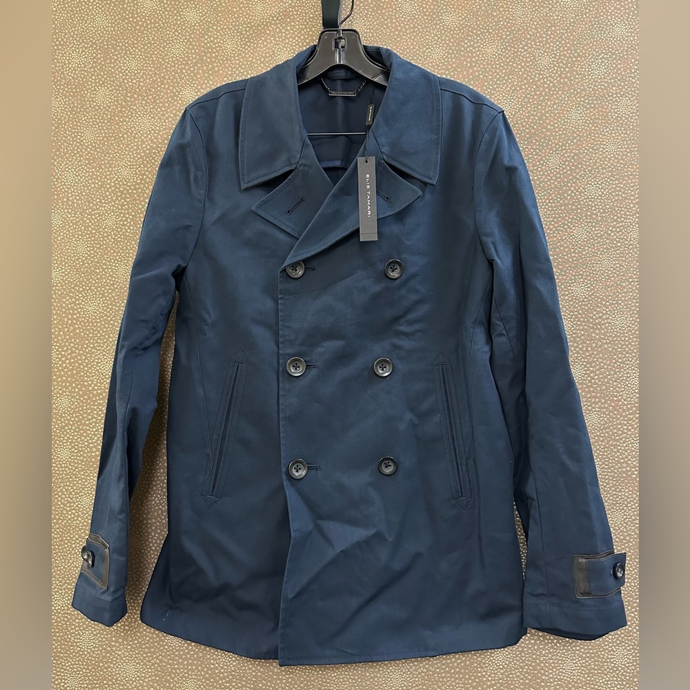 🔥🔥🔥NEW Elie Tahari Leather Trim Cotton Double Breasted Jacket